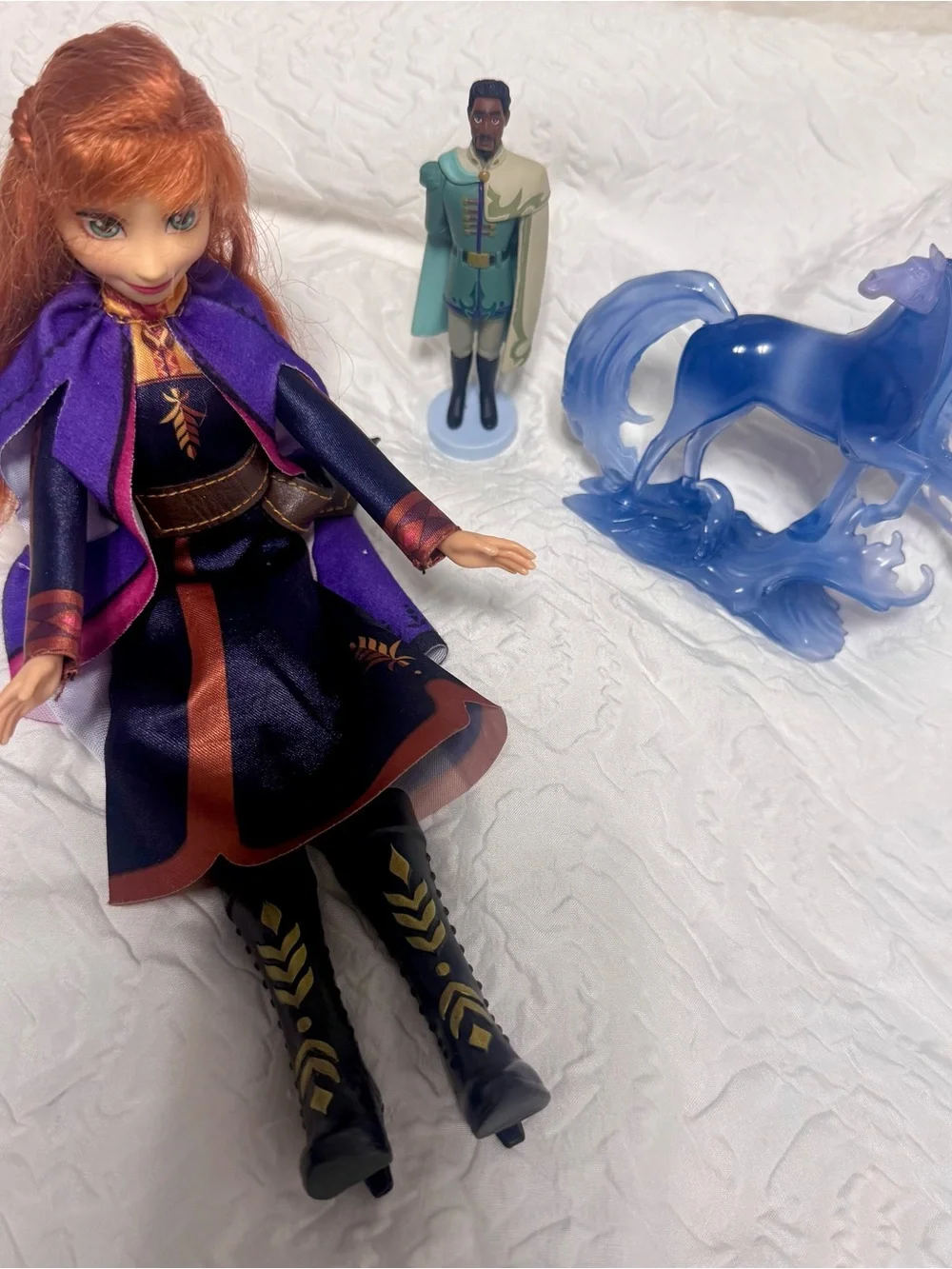 Disney Anna Doll with Purple Outfit, Black & Gold Boots and Blue Spirit Horse